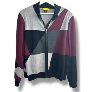 ST JOHN Geometric Color Block Zip Up Sweater Knit Jacket Women's XL